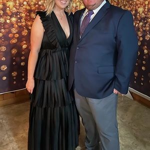 Black Satin Gown with Pleated Ruffles/Tiers